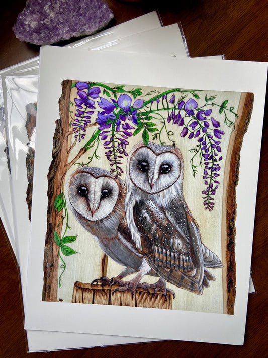 Wisteria Barn Owls 11x14 Print - Wood Vibes Art
