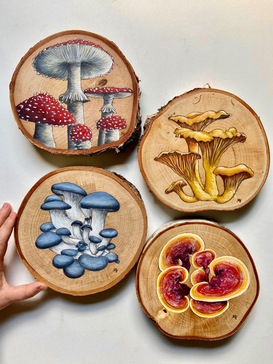 Wild Mushrooms Original Pyrography - Wood Vibes Art
